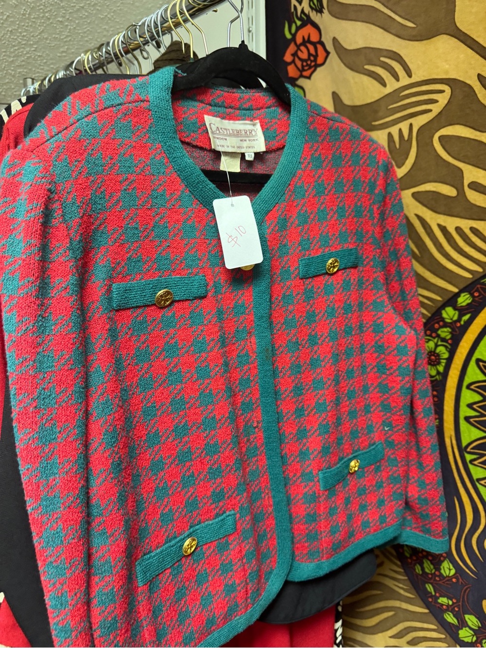 Castlebury Red & Teal Houndstooth Knit Blazer